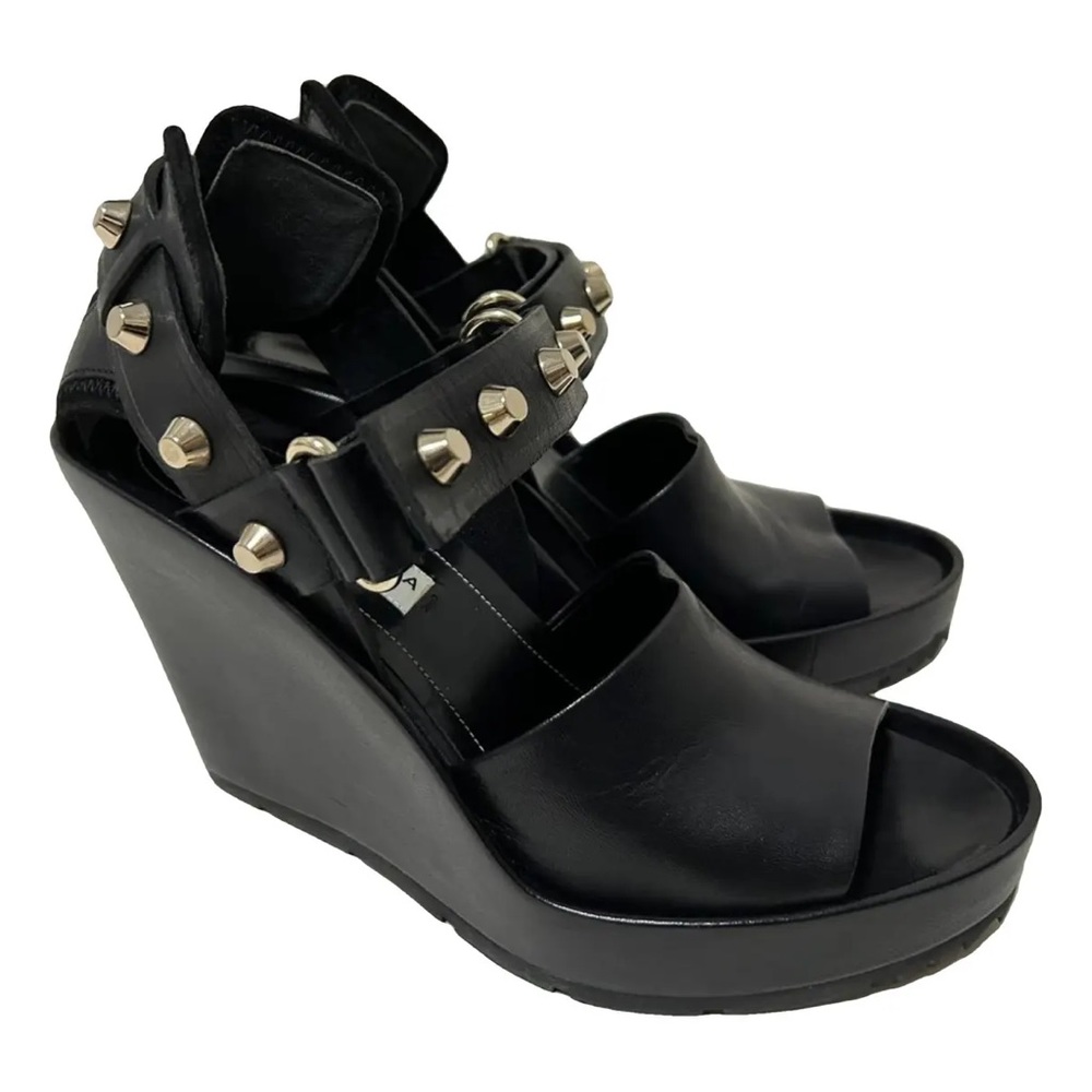 BALENCIAGA S Gomma high heel black Leather sandals wedges Studded size 38